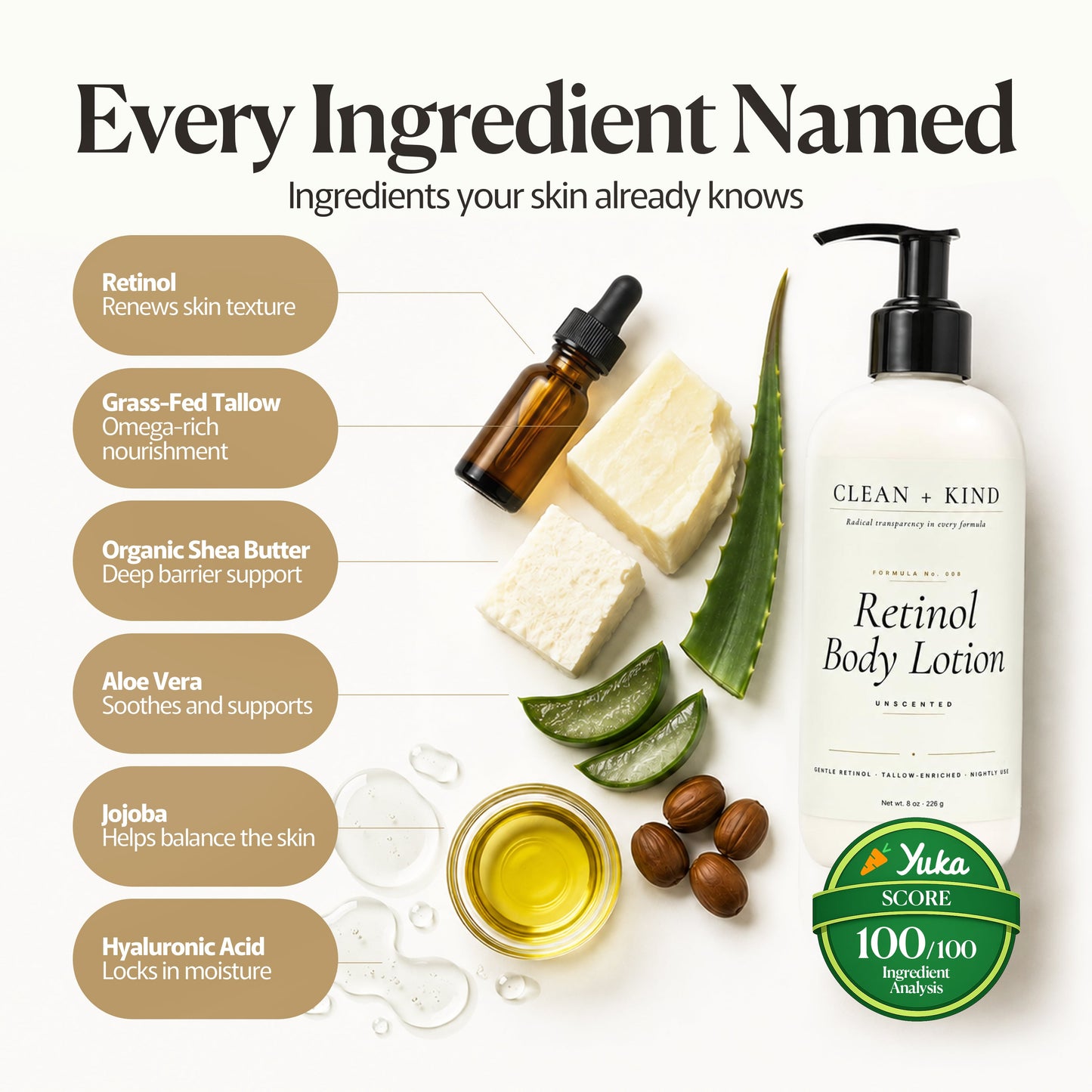 Retinol Body Lotion, 8 oz — Grass-Fed Tallow, Niacinamide, Shea, Jojoba, & Hyaluronic Acid