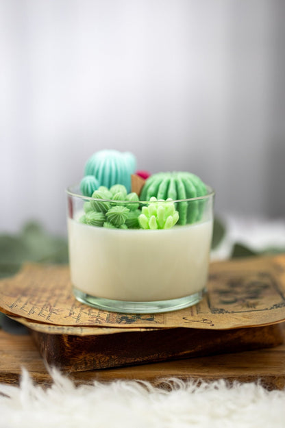 Succulent Cacti Candle with Glass Terrarium Garden Gift, Cactus Blossom Scent
