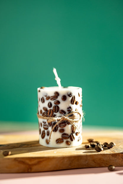 Handcrafted Coffee Bean Pillar Candle – Real Coffee Beans, Scented Soy Wax, Aromatherapy Home Decor