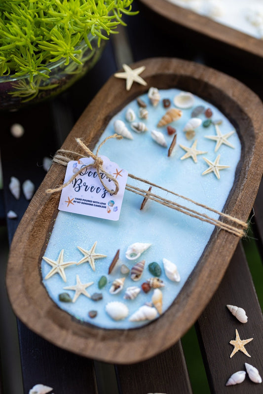 Handcrafted Seashell & Starfish Soy Wax Candle | Farmhouse Summer Decor | Triple Wooden Wicks