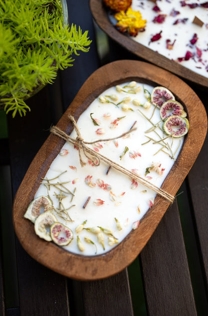 Fruit & Flowers Wood Dough Bowl Candle | Farmhouse Decor | 3 Wood Wick Candle | Gift for Her