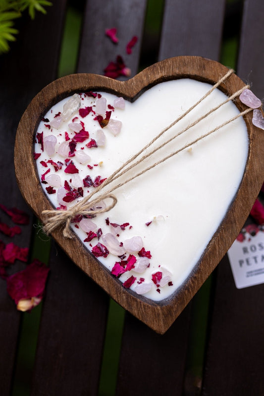 Heart-Shaped Wood Dough Bowl Candle – Crystals & Flowers – 3 Cotton Wick Soy Candle