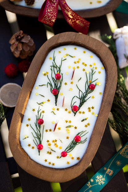 Festive Holiday Wood Dough Bowl Candle